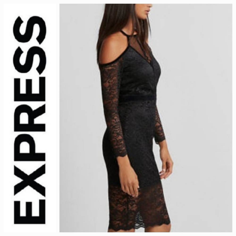 ❤4/$12 Express Lace Velvet Piped Cold Shoulder Sheath Dress
